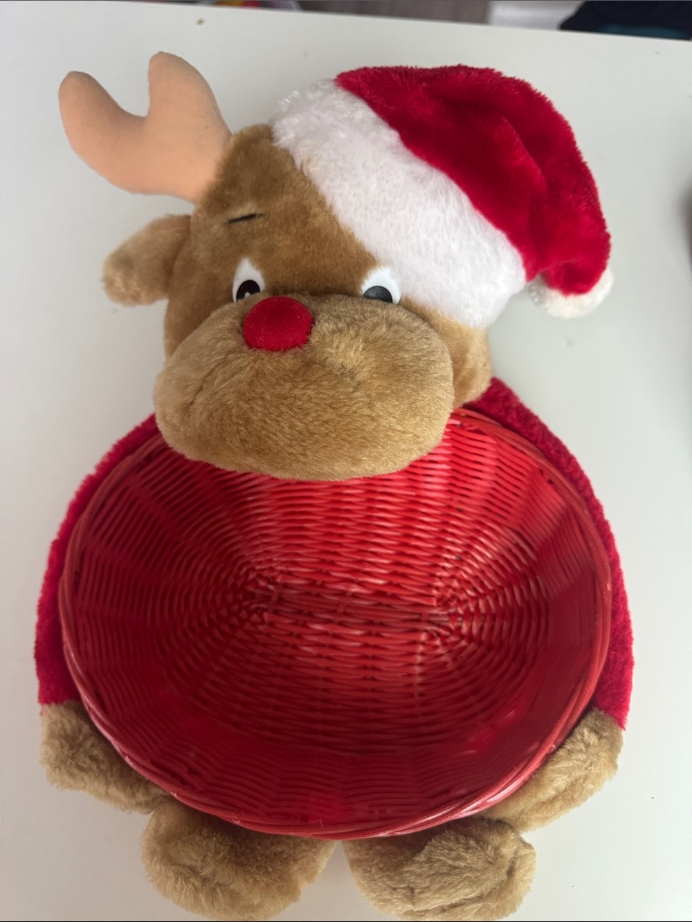 Plush Reindeer Toy Basket - Red and Brown Holiday Holder